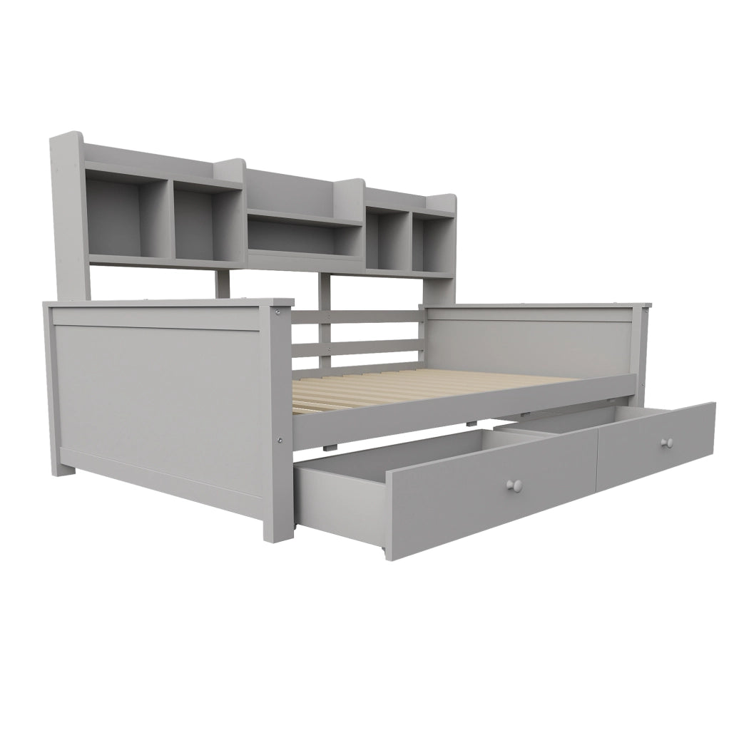 Letto divano 90x200 cm grigio con cassetti e ripiani laterali