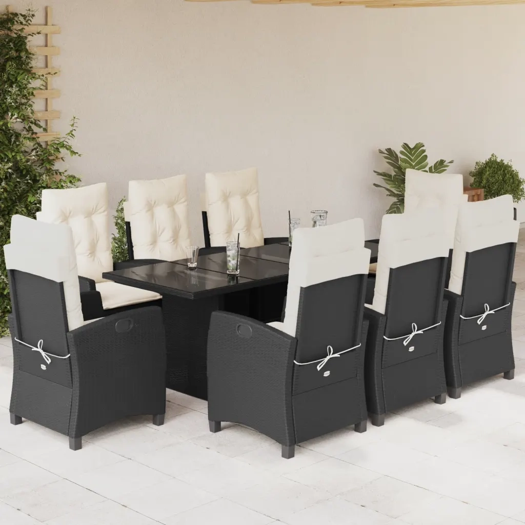 Set da Pranzo da Giardino 9 pz con Cuscini Nero in Polyrattan 3212682