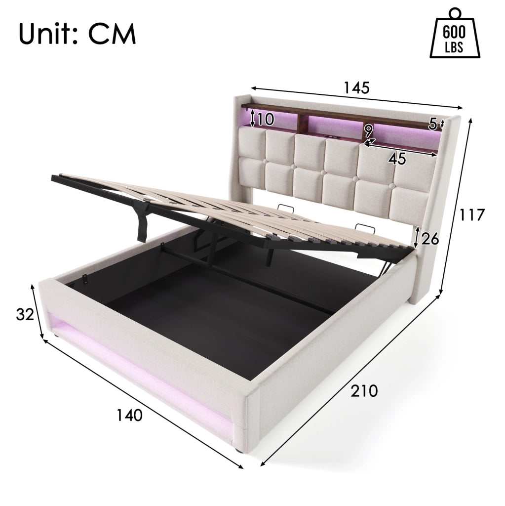 Letto imbottito 140x200 cm beige con LED, USB e contenitore