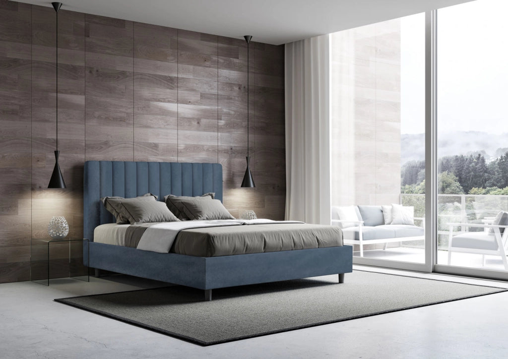 BS COM Letto una piazza e mezza con rete imbottito 130x200 microfibra blu