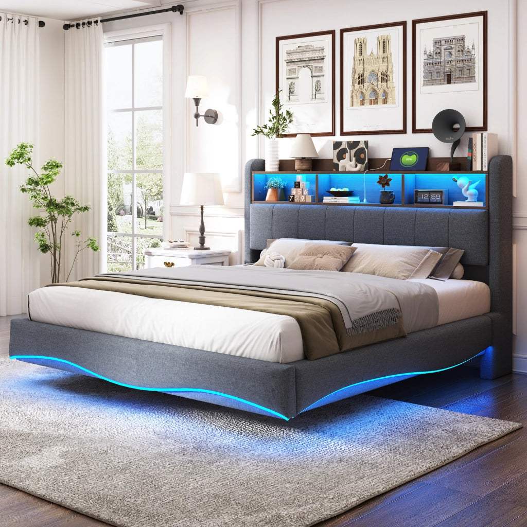 Letto matrimoniale imbottito 160 × 200 cm con LED USB e porta Type-C in tessuto di lino grigio