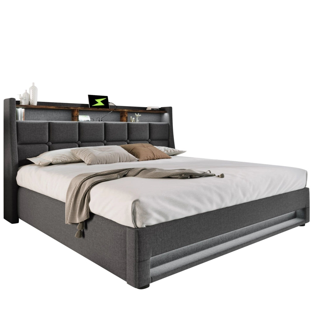 Letto imbottito grigio 140x200 cm con LED, USB e contenitore