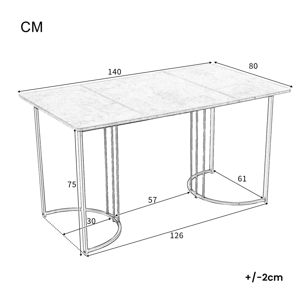 Tavolo da pranzo moderno con piano effetto marmo e gambe in metallo, per cucina e soggiorno, grigio, 140 × 80 × 75 cm