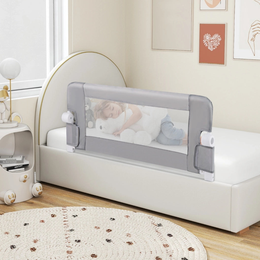 Sponda da letto pieghevole con copertura rimovibile e cinghia aggiuntiva a forma di Y, Barriera di sicurezza per bambini Grigio