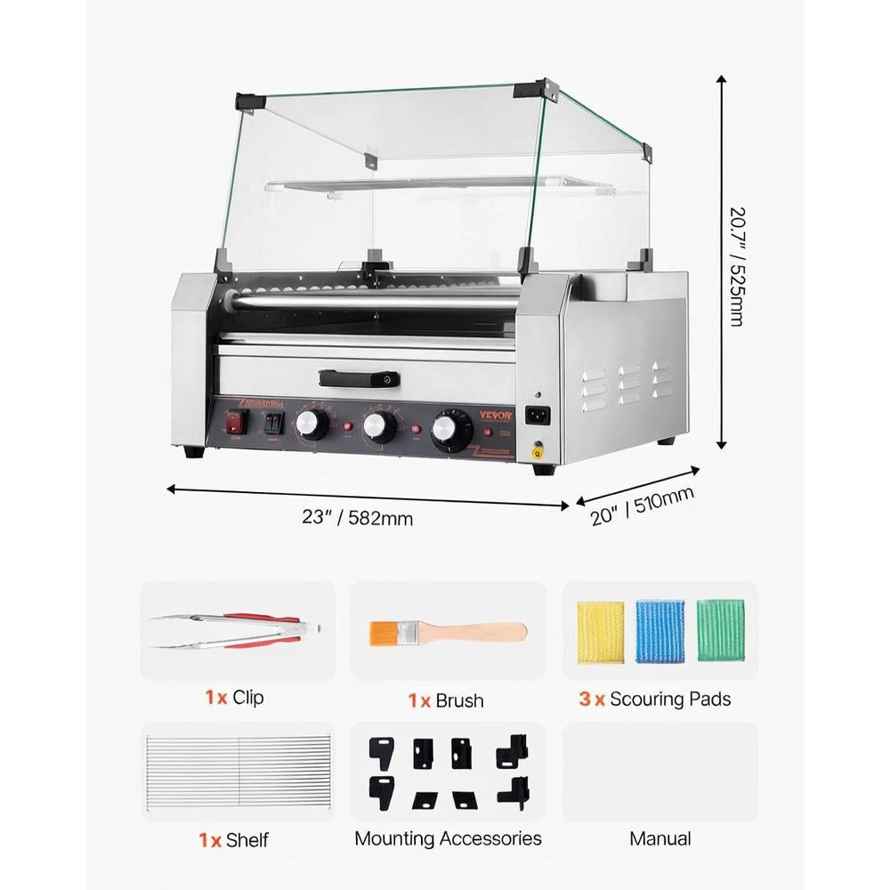Hot Dog Grill Machine, 30 Hot Dogs, 11 Rollers, Stainless Steel, 2400 W, Electric Grill With Bun Warmer & Cover (Glass + PC) & 3 Temperature Controls & Side Storage Box & Oil Drip Tray