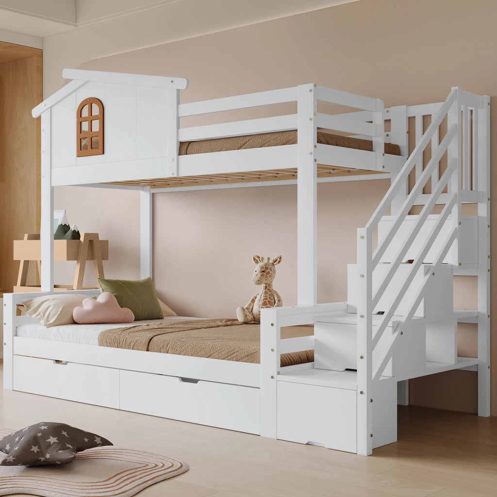 Letto a castello per bambini, 90x200 e 120x200 cm, 2 cassetti con ruote, finestre, armadietto scala ad angolo, pino/MDF/compensato, Bianco/Naturale