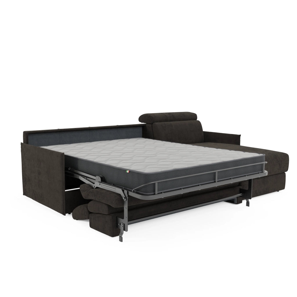 Miryam divano letto angolare compatto - poggiatesta reclinabili e penisola contenitore in tessuto smacchiabile T31 272 cm sinistro nero fumo