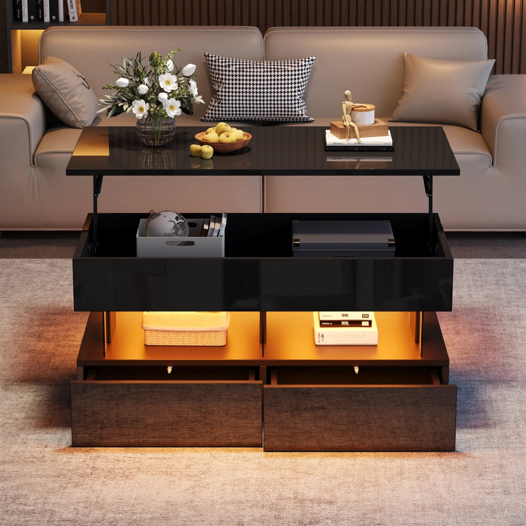 Tavolino da Salotto Sollevabile LED Nero Lucido MDF 100x50x46 cm