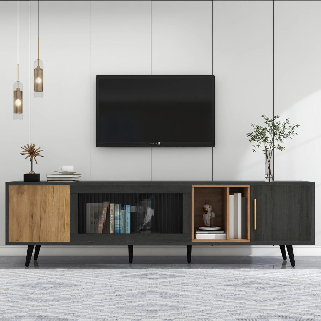 Mobile TV per TV fino a 90 pollici con vetro Changhong e vano aperto in MDF grigio marrone 200 × 40 × 55.5 cm