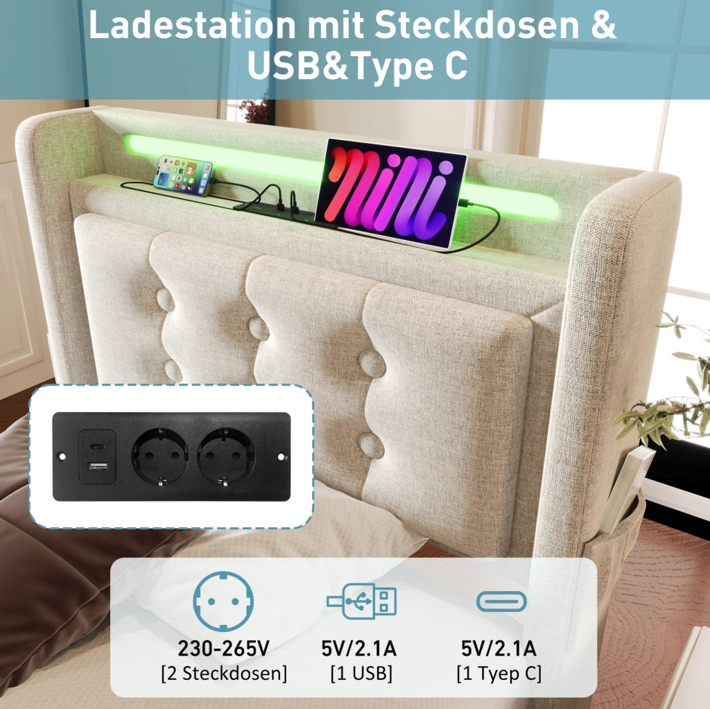 Letto singolo contenitore 90 × 200 cm con LED; USB e Type-C; cotone-lino beige