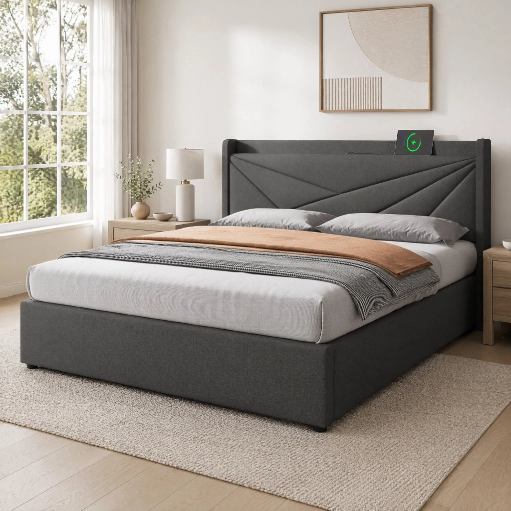 Letto matrimoniale imbottito con contenitore, USB e USB-C, 160x200 cm
