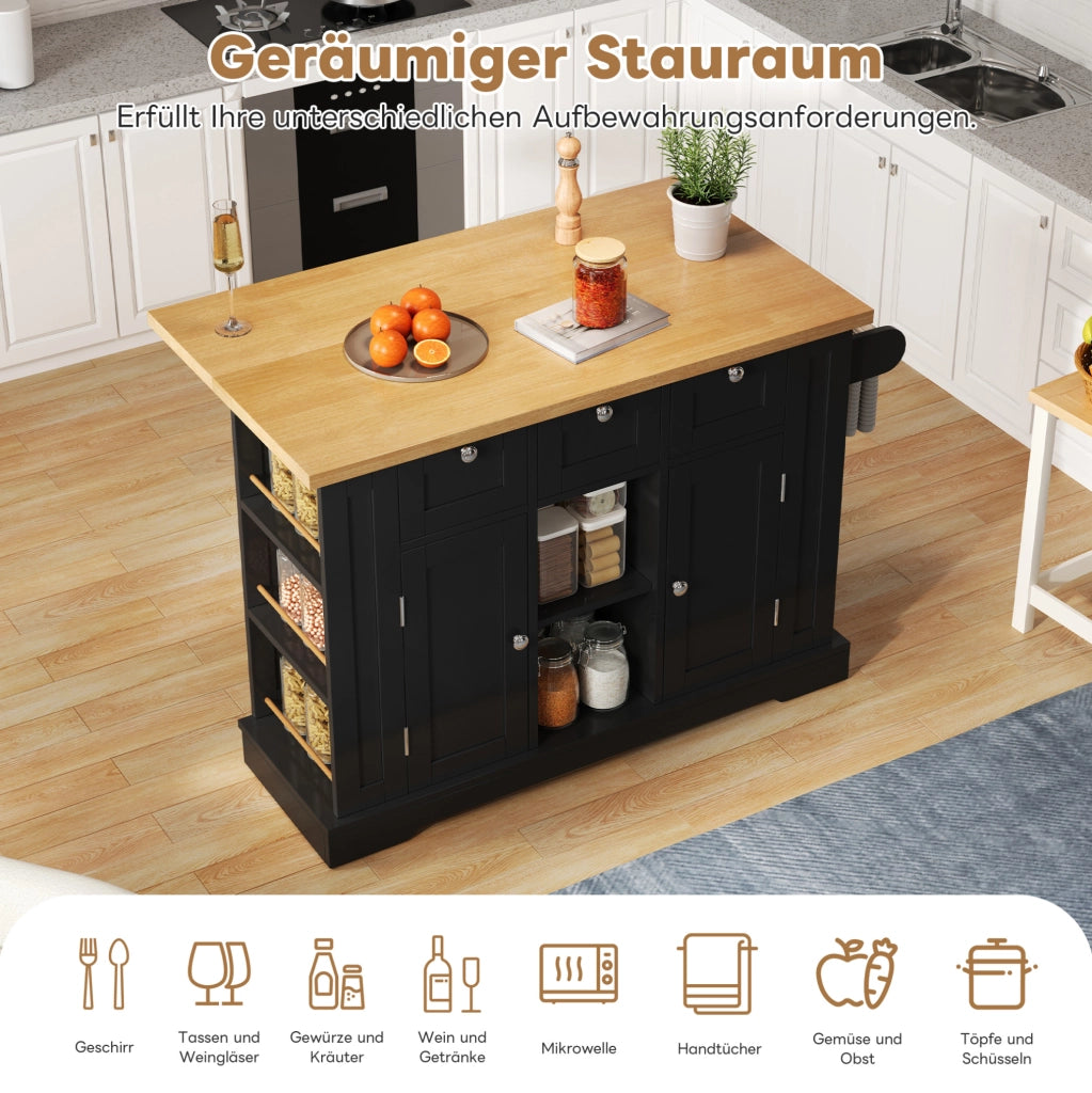 ISOLA DA CUCINA 132x40(70)x87 cm MDF Naturale e Nero con ruote e presa USB