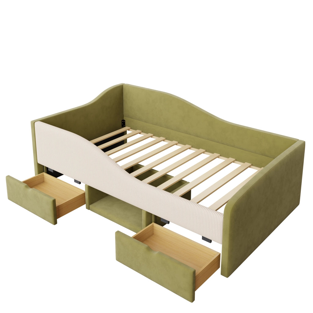 Letto per bambini 90x190 cm imbottito in velluto; verde e panna