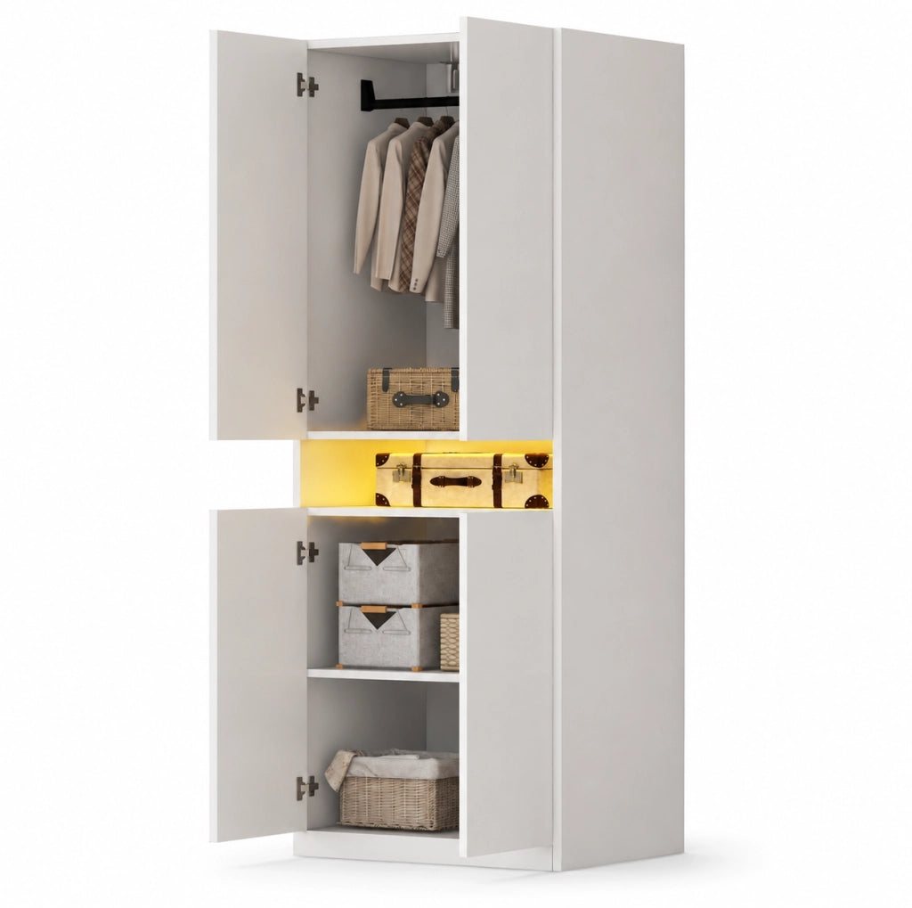 Armadio guardaroba 70x55x180 cm con vano centrale LED in MDF bianco