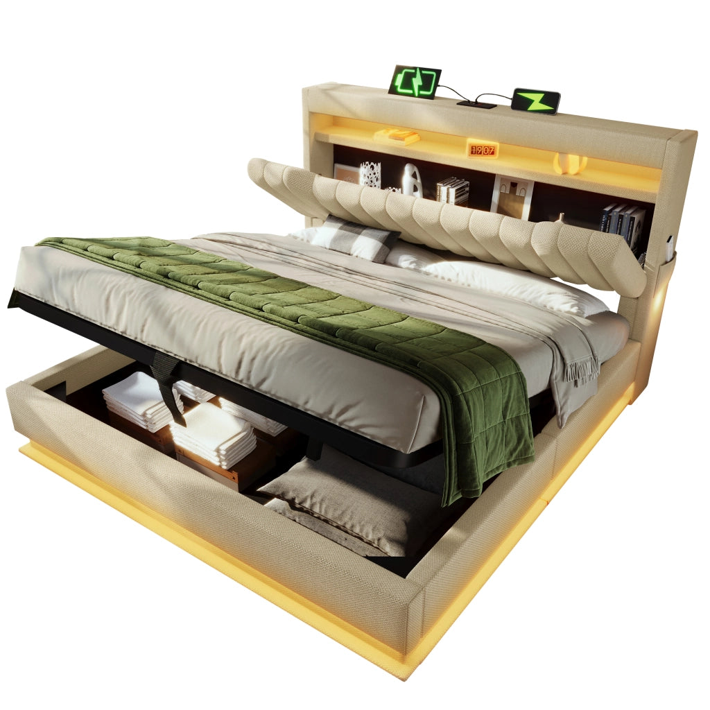 Letto matrimoniale imbottito; 160x200cm; con testiera di riporto; USB C e LED; beige