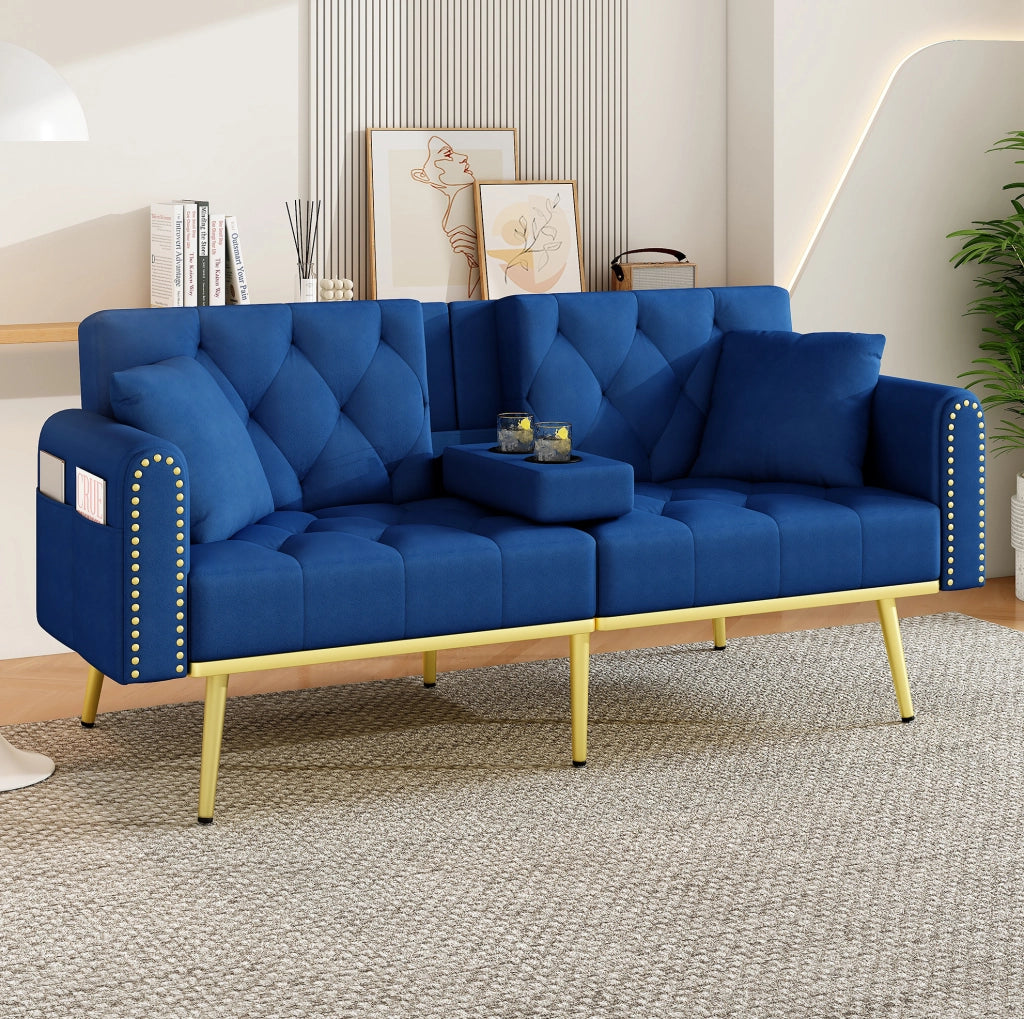Divano letto multifunzionale in velluto blu con schienale regolabile e portabicchieri