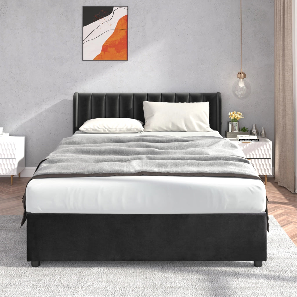 Letto con Cassetti 140x200 cm; Letto Matrimoniale - Testiera Alta e 2 Cassetti - Nero