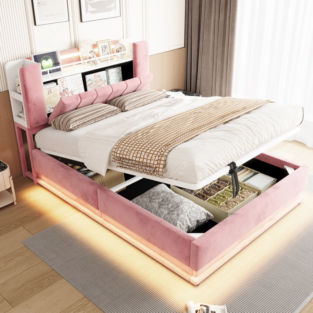 Letto imbottito 140 × 200 cm con LED USB contenitore idraulico rivestimento in velluto rosa struttura in metallo