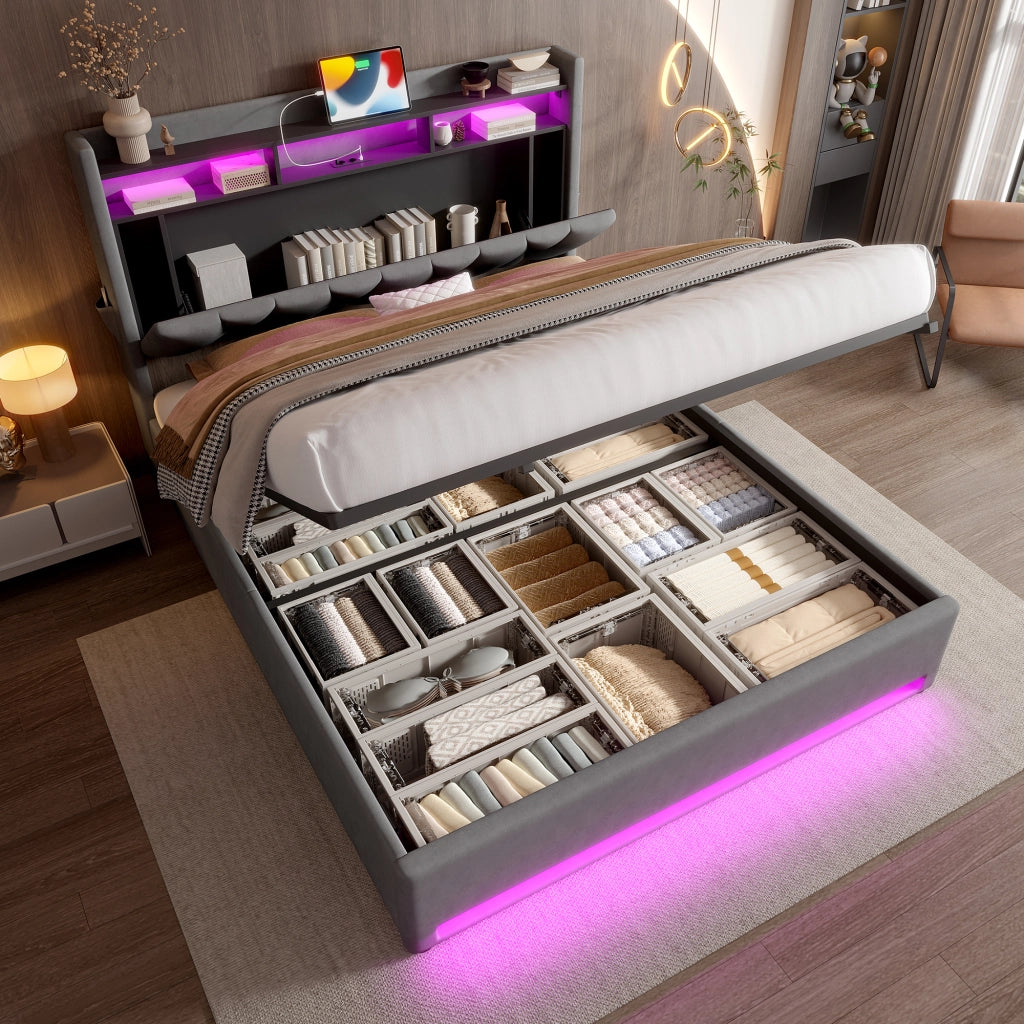 Letto imbottito 140 × 200 cm con contenitore; testiera con ripiano e LED; USB e Type-C; velluto grigio scuro