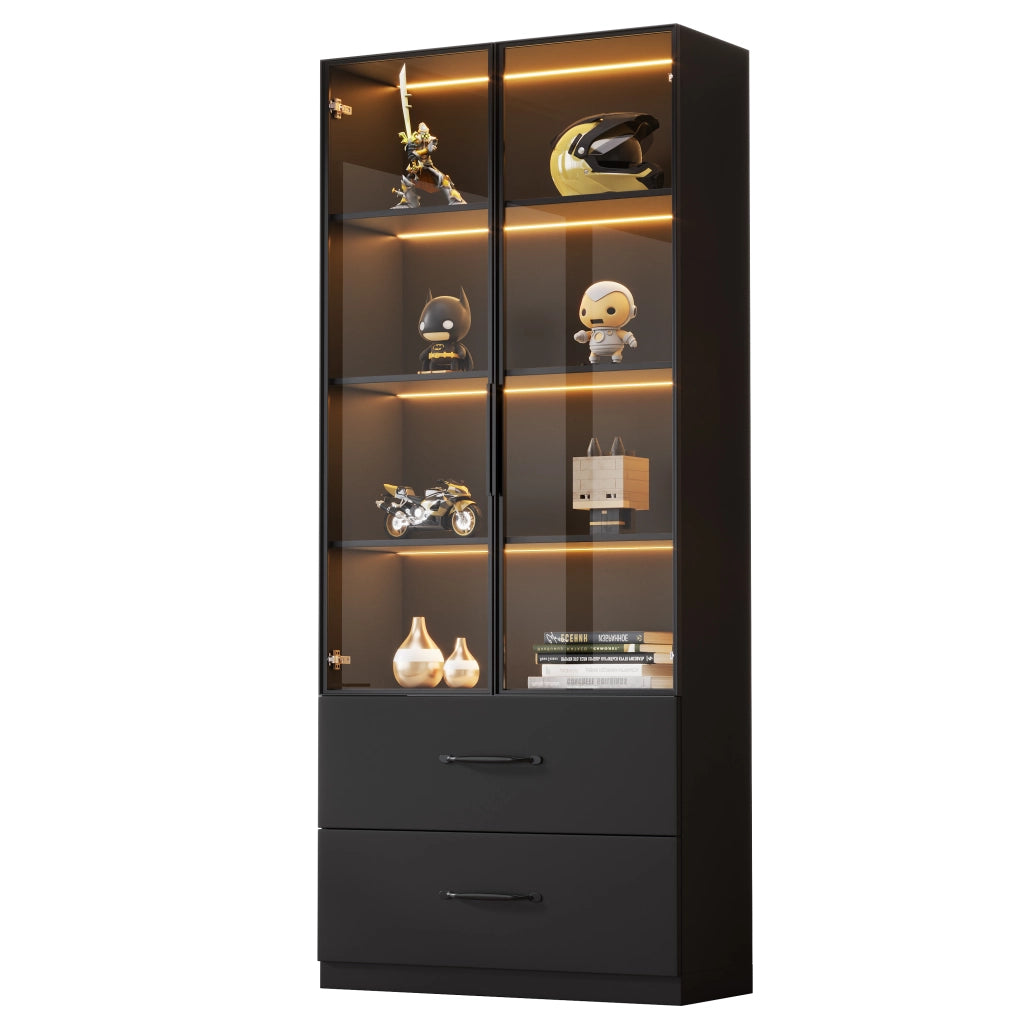 Vetrina con LED multicolore; due cassetti e cornice in alluminio nera 60 ¡Á 40 ¡Á 160 cm