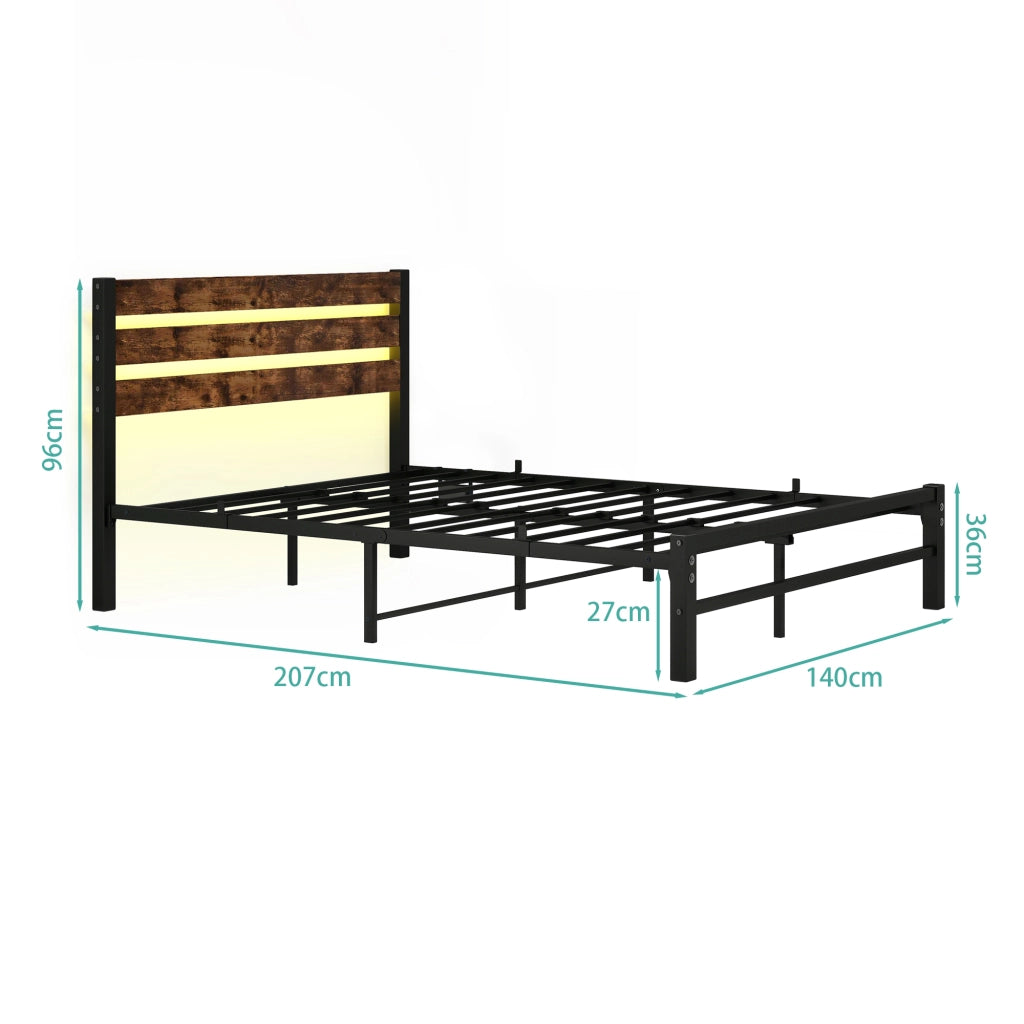 Letto in metallo con USB LED 140x200 cm MDF marrone e metallo