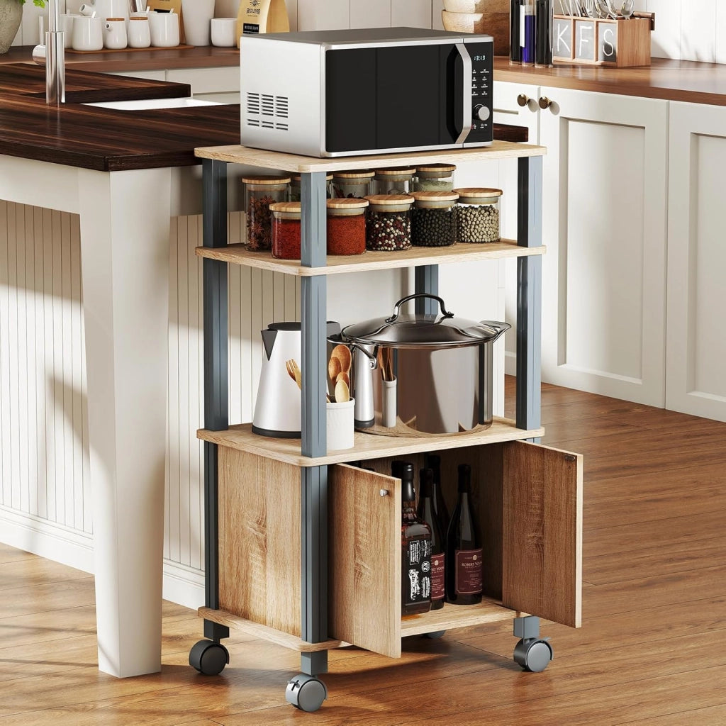 Scaffale da Cucina per Microonde Carrello da Cucina, con Ruote e 2 Ante, Multifunzionale e Movimento Flessibile, 60x40x98 cm (Naturale)