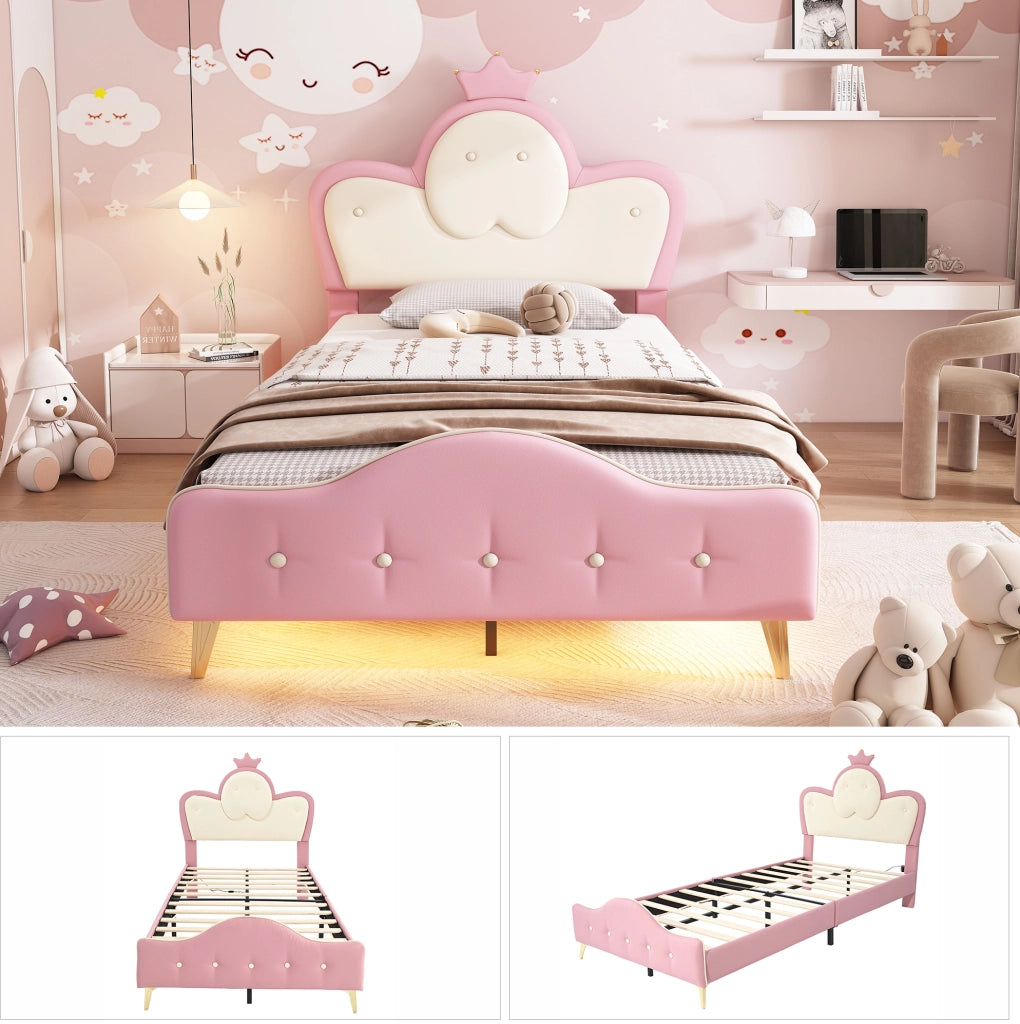 Letto singolo imbottito con LED e testiera a corona 90x200 cm