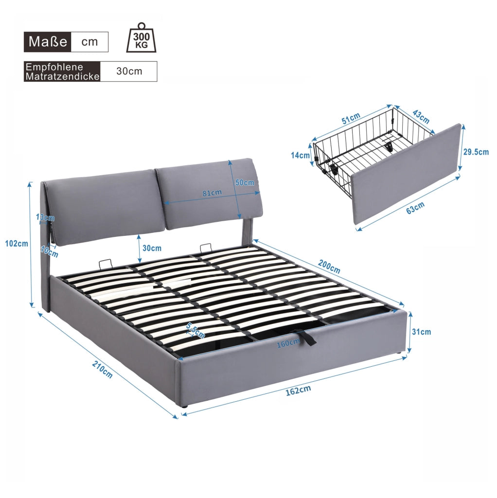 Letto imbottito grigio 160 x 200 cm con contenitore, 3 cassetti e testiera regolabile
