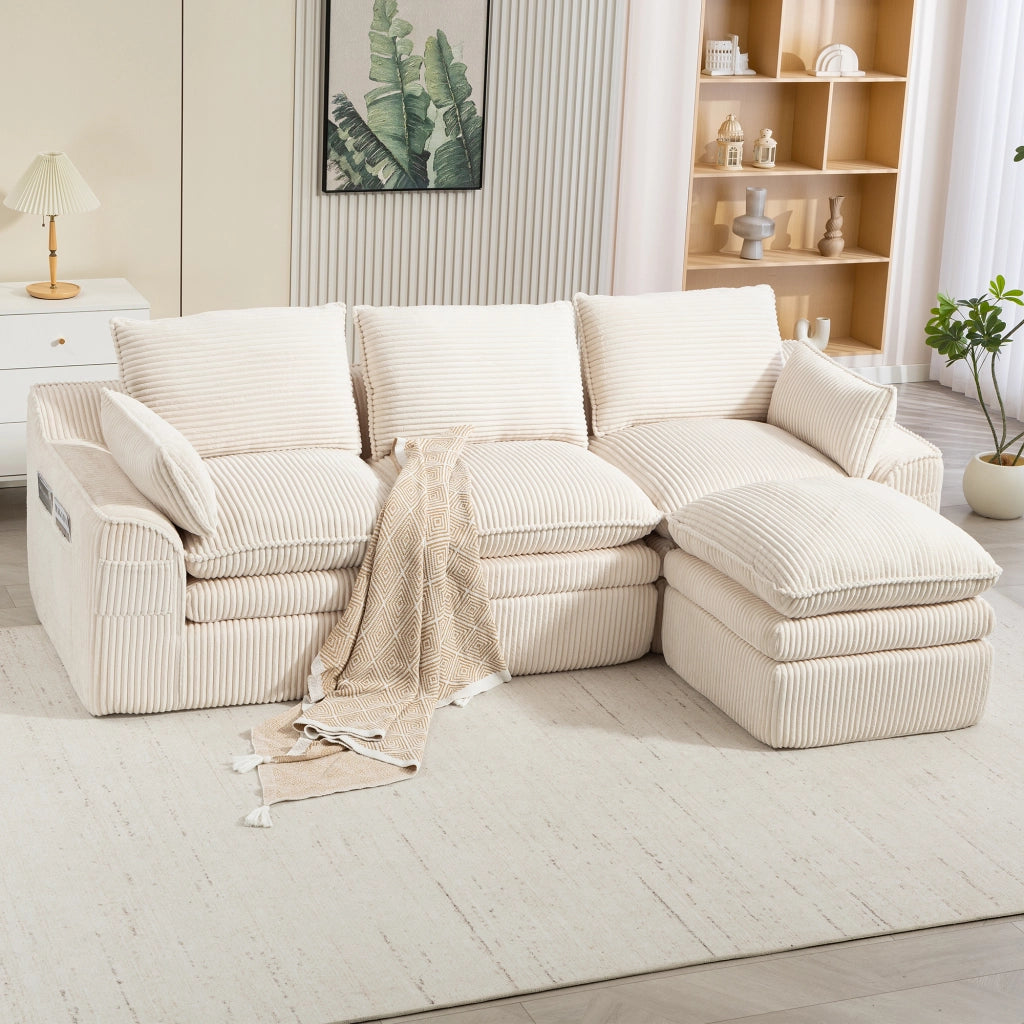 Divano 3 Posti con Poggiapiedi e Cuscini in Tessuto ¨C MINIMAL ¨C Beige