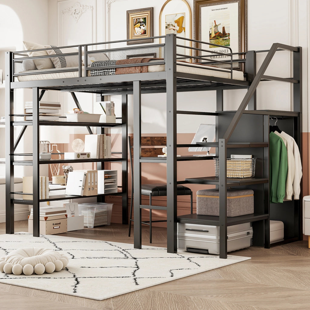 Letto a soppalco multifunzione 140x200 cm con scrivania, scaffale e armadio