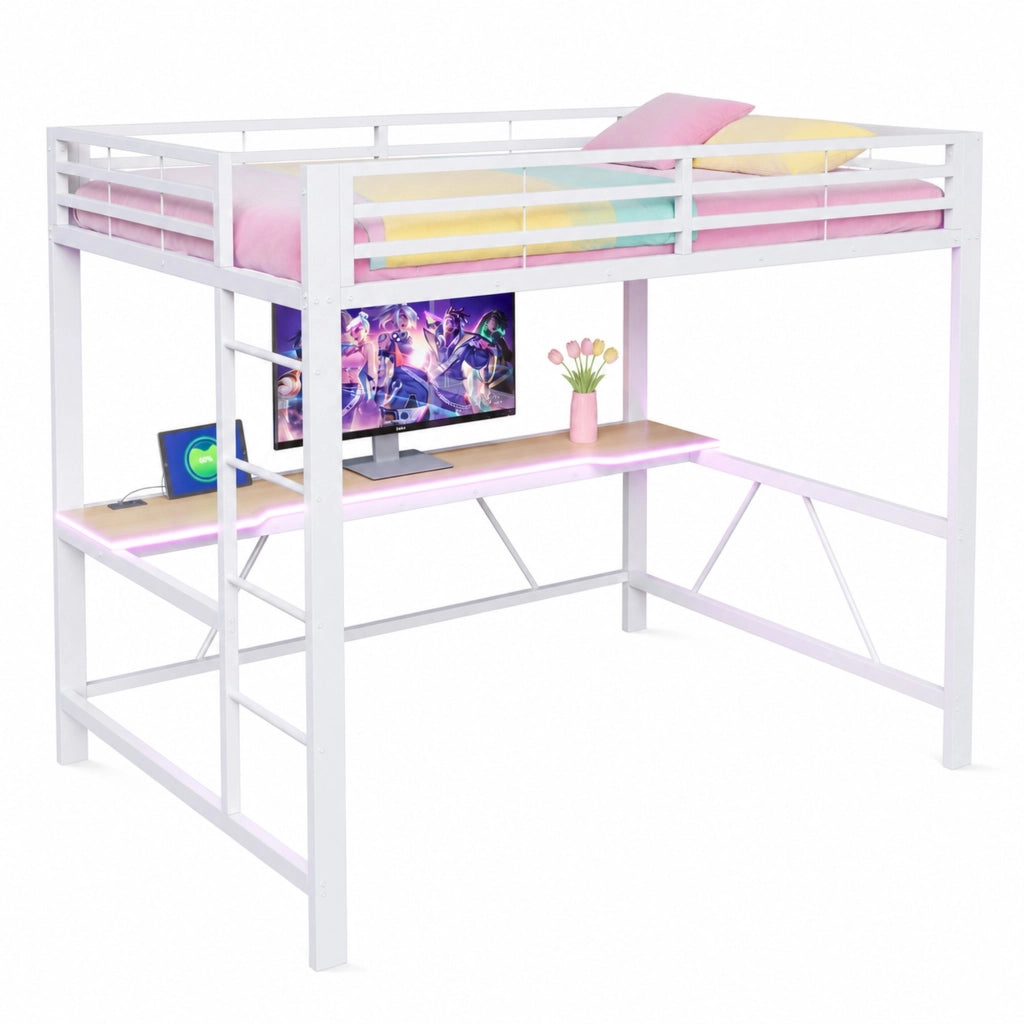 Letto a soppalco 140 × 200 cm con scrivania LED e ricarica USB in metallo e MDF bianco