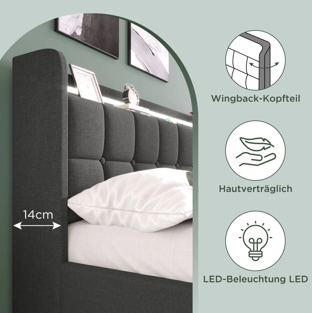Letto imbottito 160x200 cm con LED; prese e USB; 4 cassetti; grigio