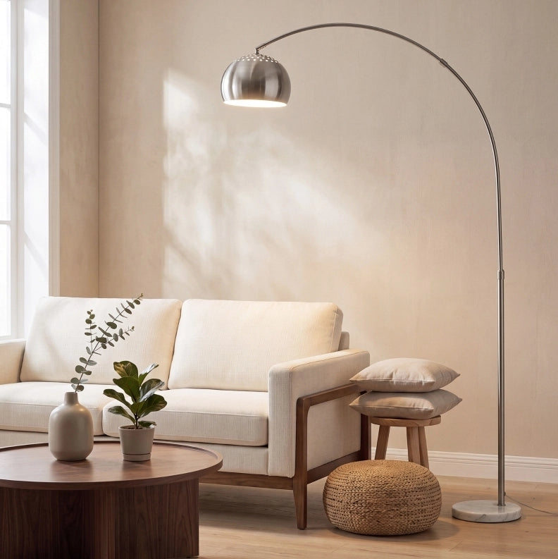 Lampada da terra ad arco argento con base in marmo, 167 cm, attacco E27
