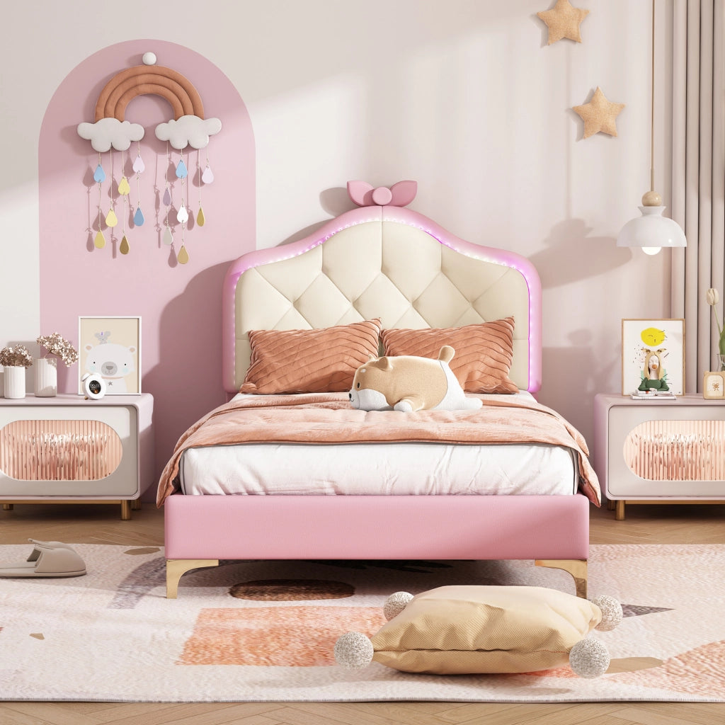 Letto singolo imbottito 90x200 cm con LED multicolore; testiera ondulata in PU rosa e bianco