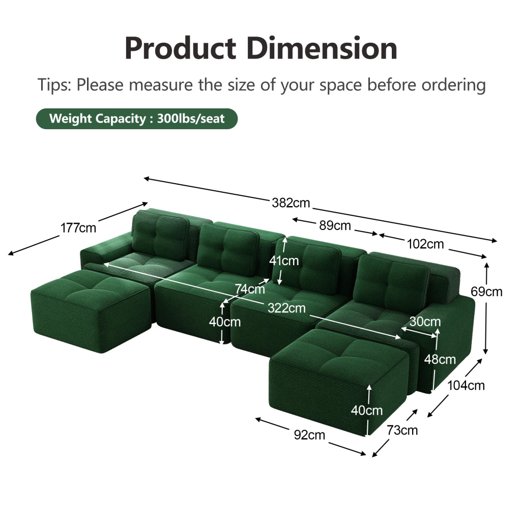 Divano Modulare Chaise Longue 4 Posti ¨C MINIMAL ¨C Velluto a Coste Verde, Morbido