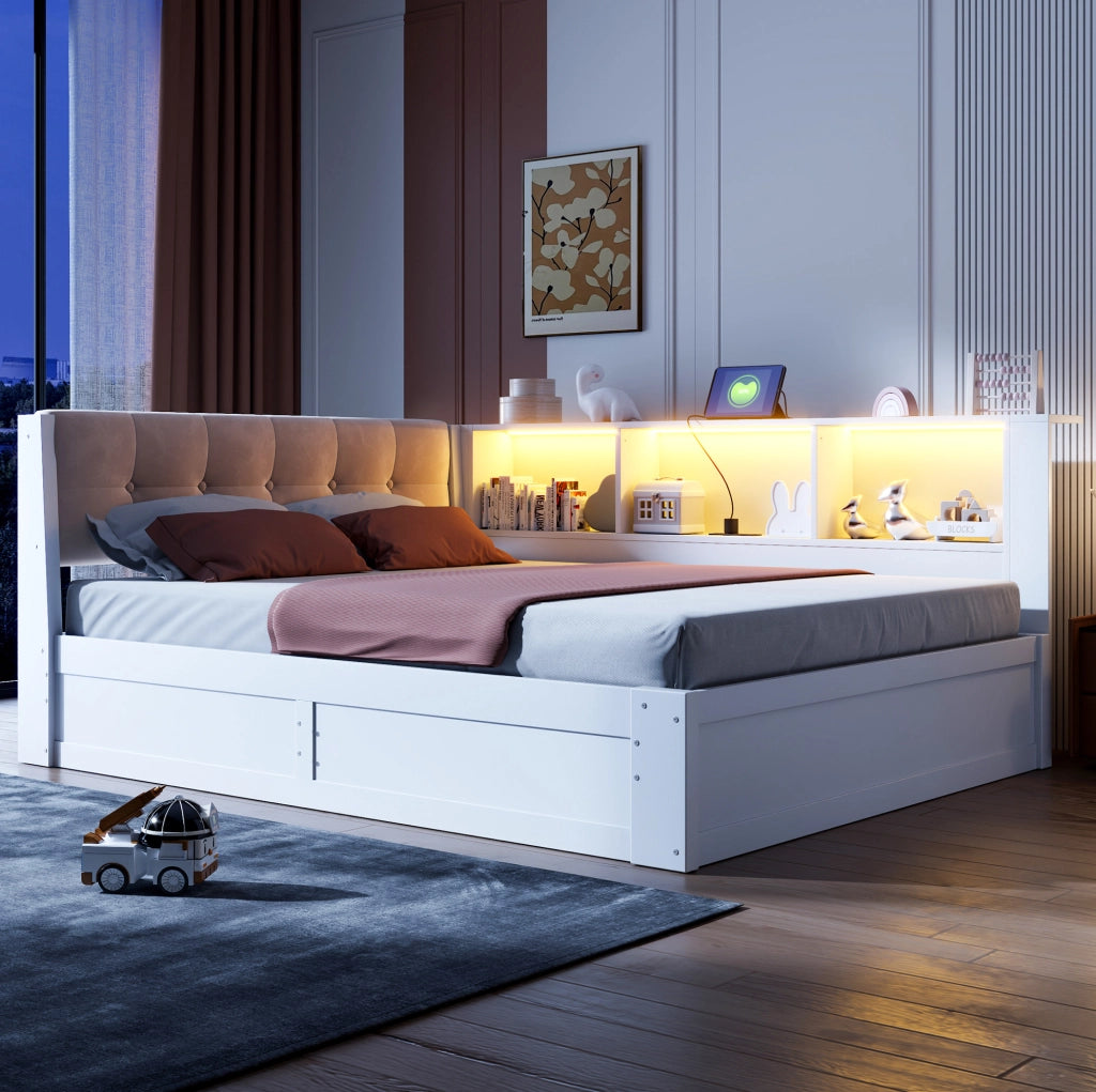 Letto singolo 140x200 cm con contenitore idraulico; LED; USB e ripiano; bianco