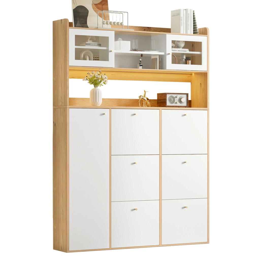 Armadio scarpiera sottile con 6 ribaltine, 1 anta in vetro e illuminazione LED, 130x25x85 cm, colore bianco e naturale