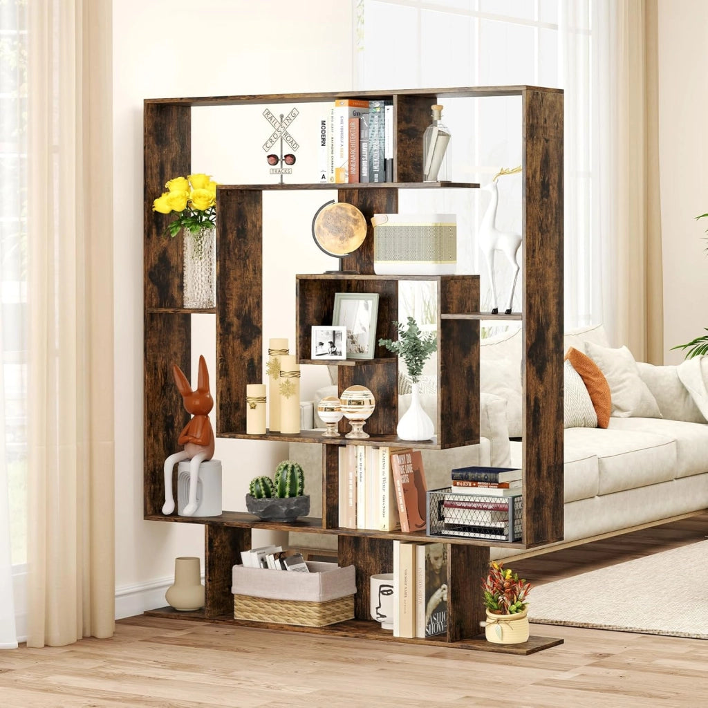 Libreria Scaffale Geometrico Spirale ad Angolo Retto a 7 Ripiani, Scaffale Espositivo in Legno Salvaspazio, Libreria per Camera da Letto, Soggiorno e Salotto, 125 x 22 x 150 cm (Marrone)