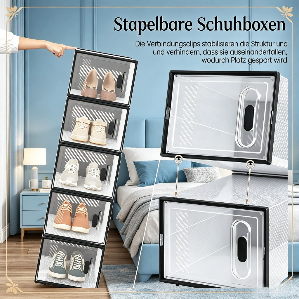 Scarpiera modulare con 12 box impilabili e aperture frontali, in plastica trasparente e nera, per camera da letto