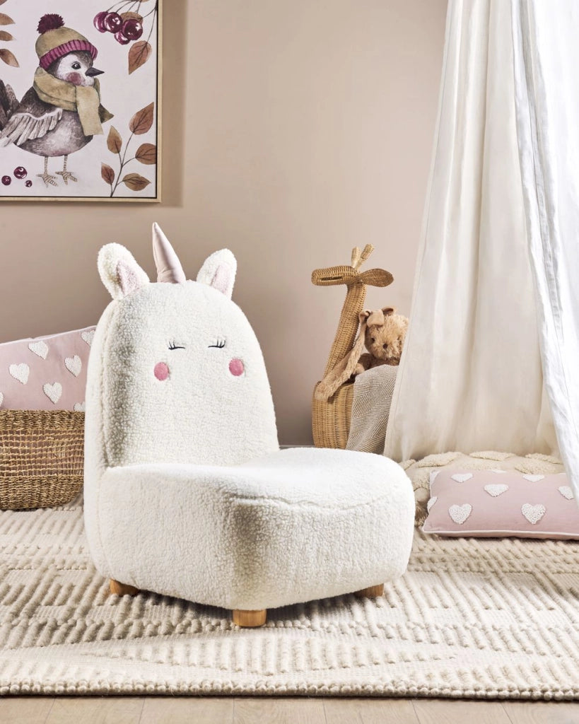 Sedia per animali Imbottitura in Bouclé bianco Seduta senza braccioli per cameretta per bambini Design moderno Forma di unicorno