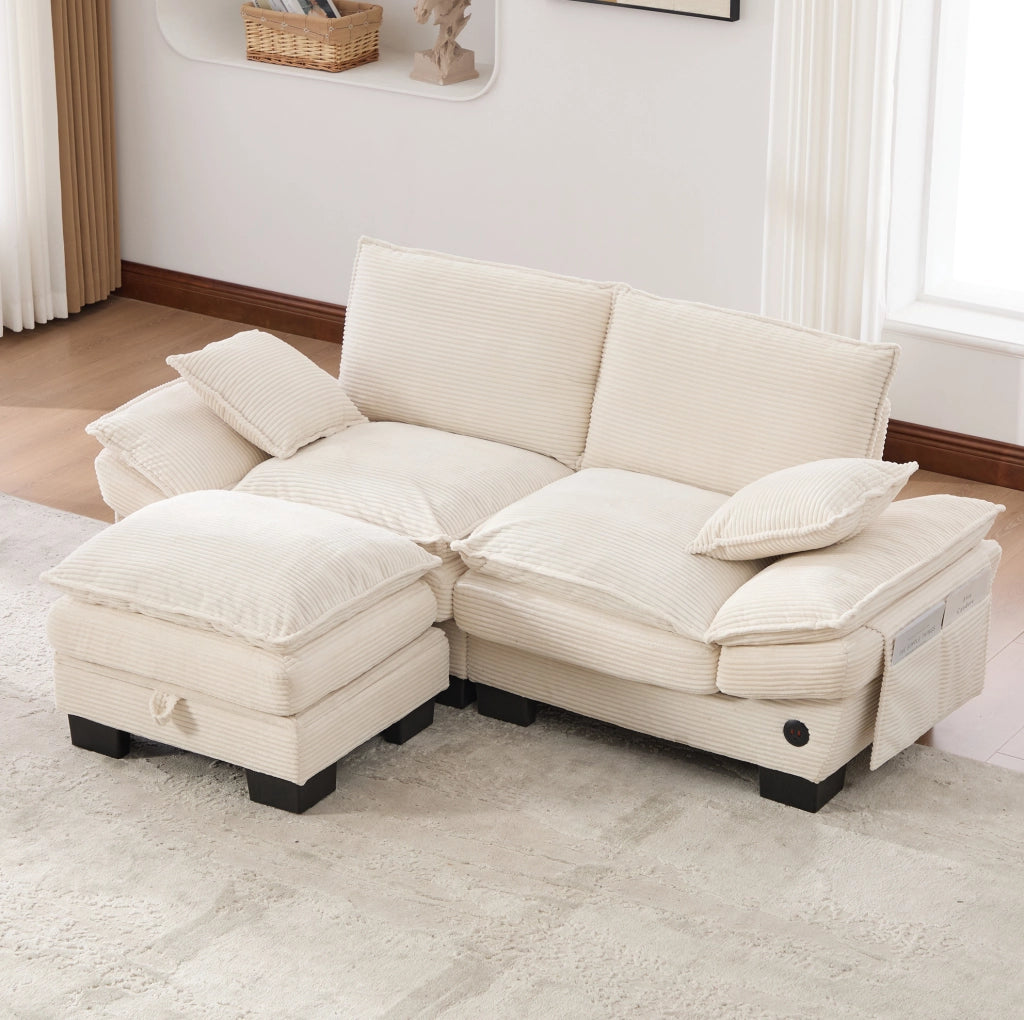 Divano 2 posti con pouf contenitore e USB-C; velluto a coste beige; 190x132x84 cm