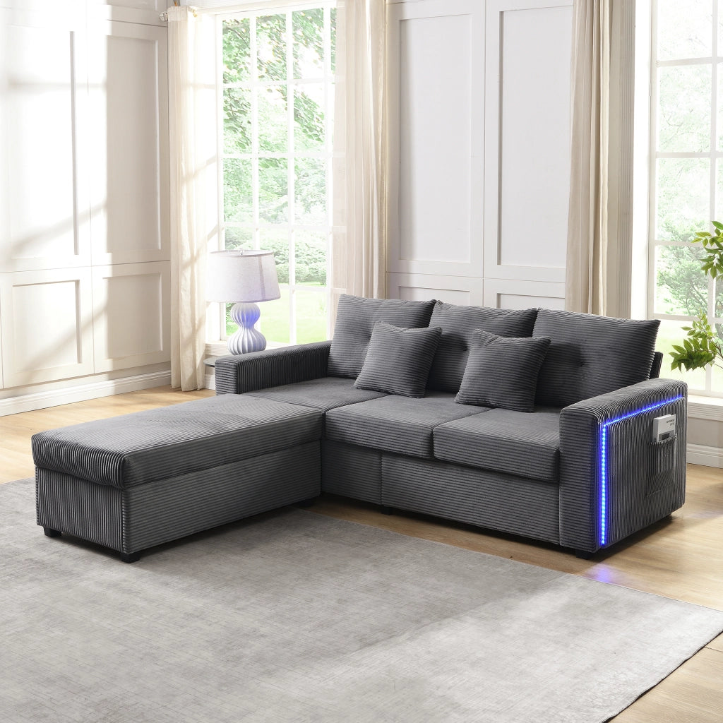 Divano 3 posti con pouf e 5 cuscini; divano angolare a L con luci LED; velluto a coste; grigio antico; 184 cm