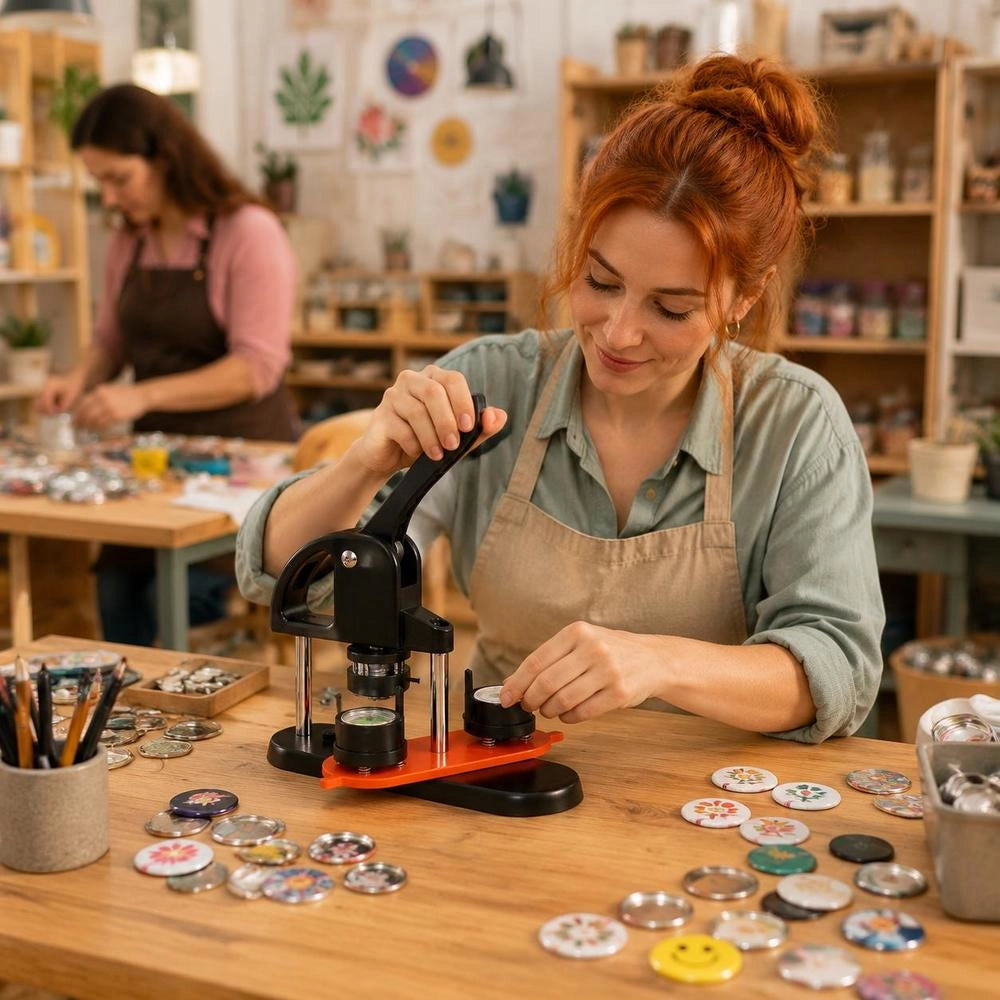 Button Machine, Button Maker, 32mm, 500 Pieces. Badge Punch Press, Button Press, DIY Badge Press Machine, Button Badge Maker For Personalized Badges, Including Instruction Booklet And Circle Cutter.