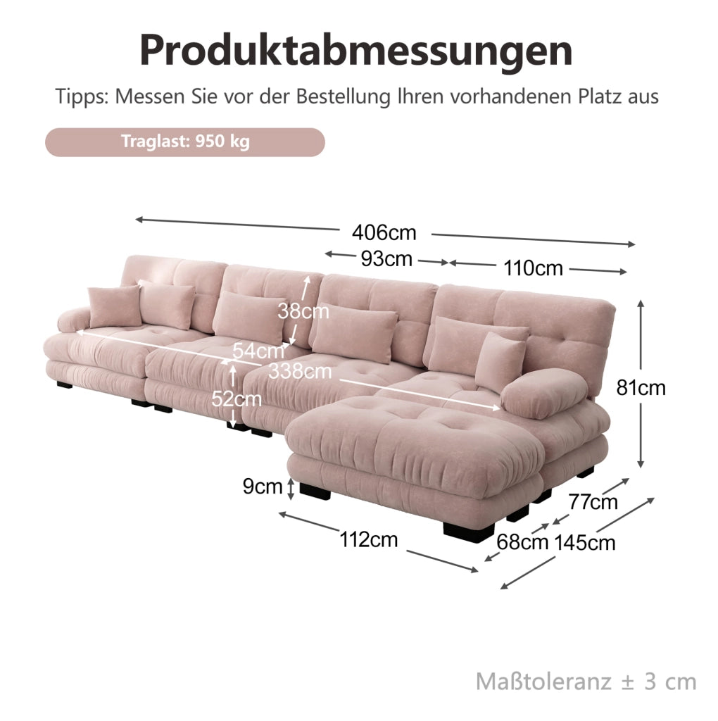 Divano modulare angolare in ciniglia rosa con pouf mobili e cuscini