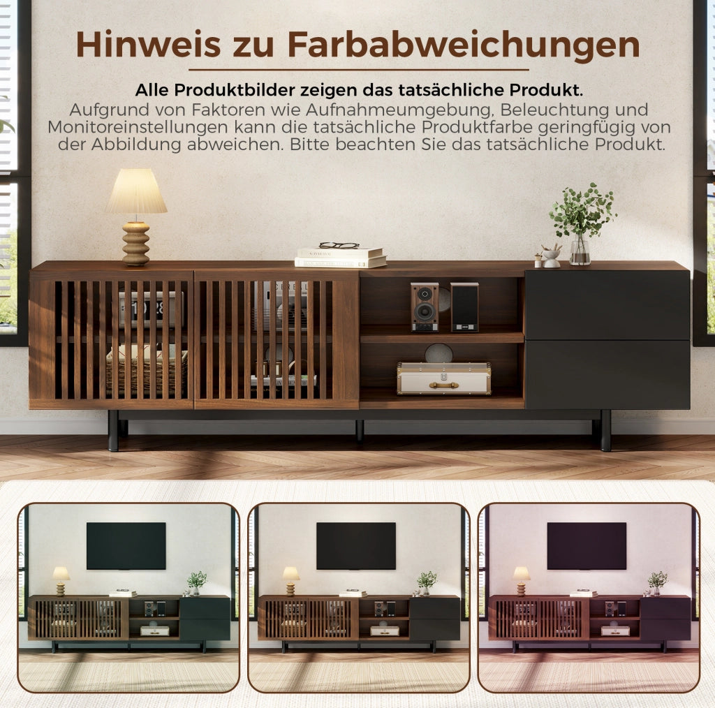 Mobile TV 160 × 38 × 50 cm in MDF; 2 ante e 2 cassetti; noce e nero