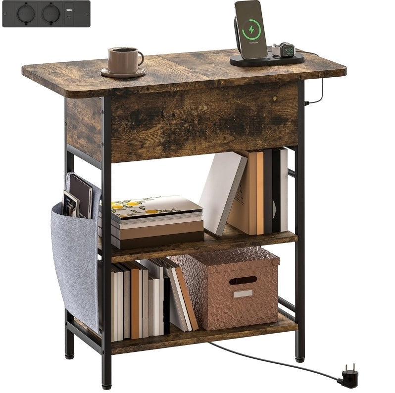 Tavolino Rustico con Prese USB e USB-C, 2 Ripiani, 60 x 29,8 x 58,5 cm