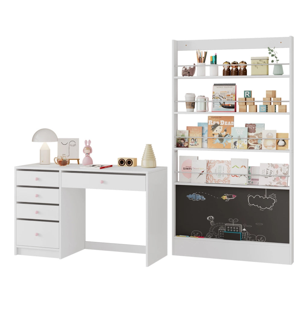 Set scrivania con 5 cassetti e libreria con lavagna 120x45x74 cm; bianco