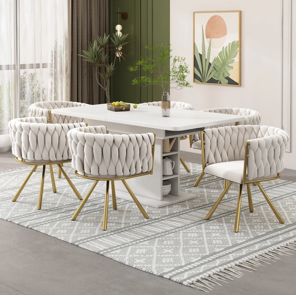 Sedia da pranzo girevole in velluto beige e oro
