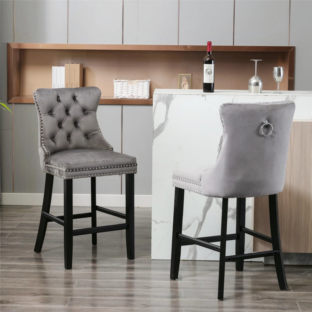 Sgabelli da Bar in Velluto con Bottoni e Gambe in Legno ¨C MINIMAL ¨C Grigio, Set di 2