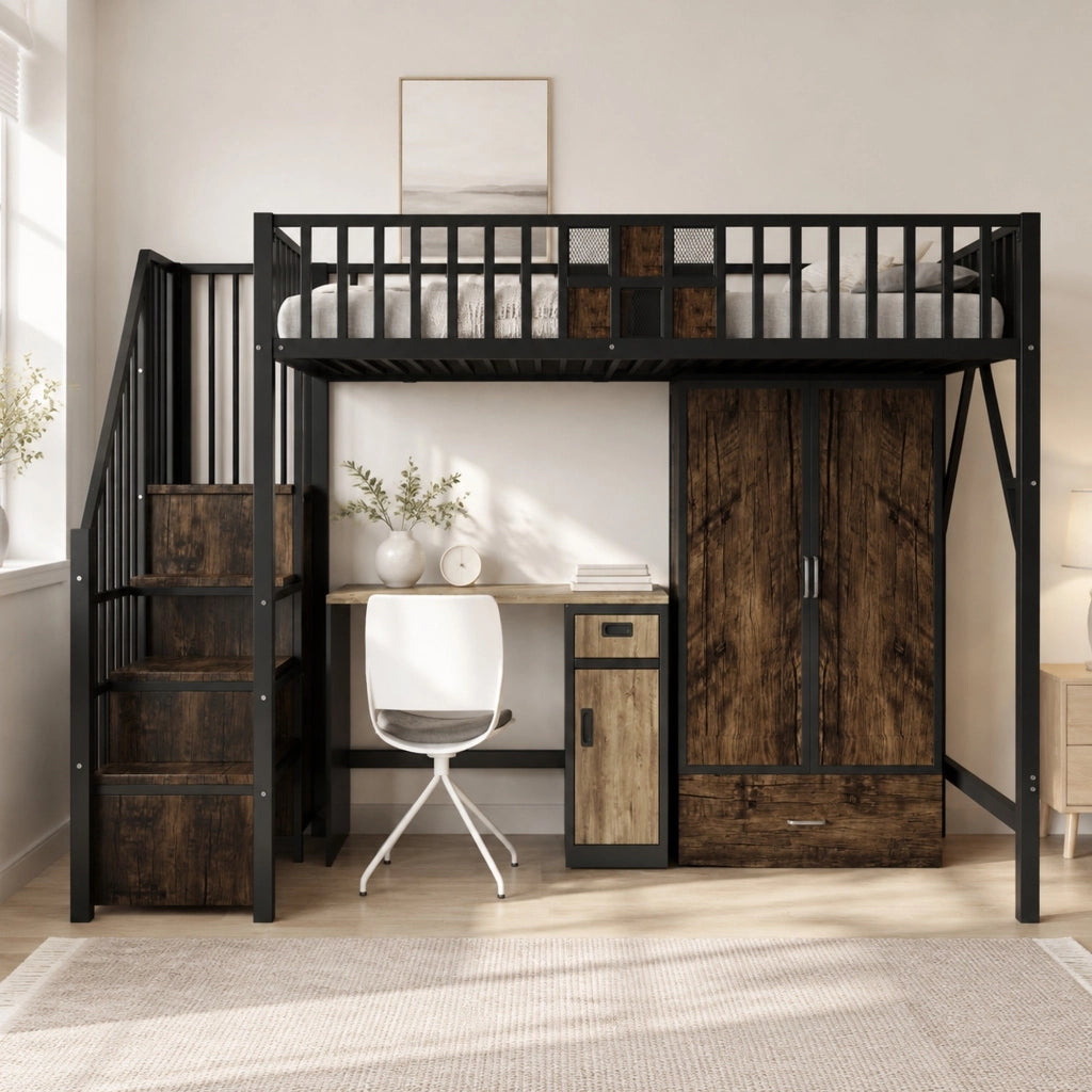 Letto a soppalco 90x200 cm nero con armadio, cassetto e scala contenitore